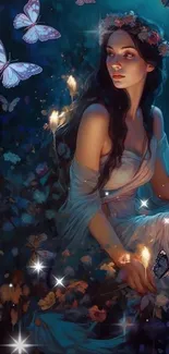 Mystical fairy with butterflies glowing softly at night.