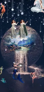 Fantasy wallpaper featuring stars, fairies, and a waterfall under a night sky.