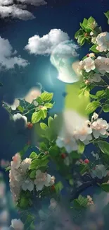 Enchanting wallpaper with flowers, moon, and night sky.