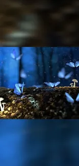 Enchanting forest scene with butterflies and glowing mushrooms at night.