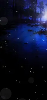 Moonlit forest with river and stars in dark blue hues.