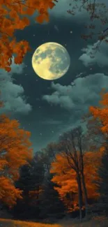 Enchanting forest at night with full moon and orange autumn leaves.