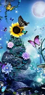 Magical night garden wallpaper with butterflies, flowers, and moon.