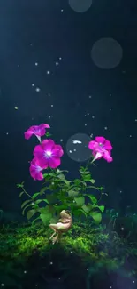 Glowing pink flowers in a dark starry garden with a small frog.