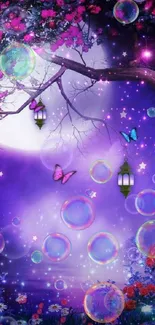 Enchanted garden with purple night sky and glowing lanterns.