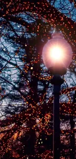 A glowing street lamp with sparkling lights in a nighttime setting.