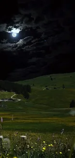 Moonlit landscape with hills and wildflowers at night.