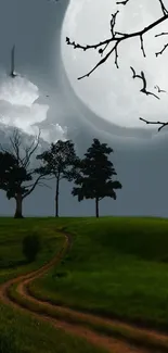 Moonlit night landscape with trees and a serene path.