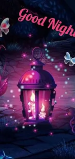 Magical night scene with glowing lantern and butterflies in pink tones.