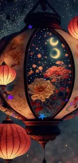 Enchanting lanterns against a starry night sky in artistic wallpaper design.