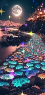 Enchanting moonlit pathway with glowing stones by the ocean.