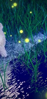 Cute creature by night pond with glowing fireflies and lush green grass.