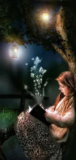 A young girl reading under lanterns in a magical nighttime setting.