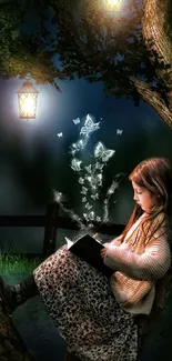 Girl reads in tree with glowing butterflies and lanterns.