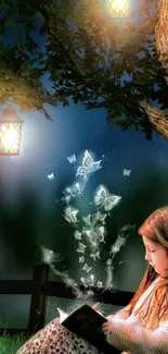 Girl reading under lanterns with magical butterflies at night.