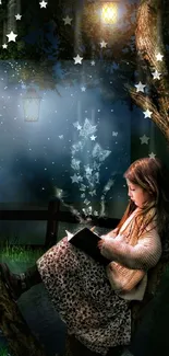 Child reading under night sky with magic and light effects.