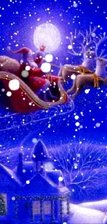 Santa and reindeer flying over a snowy village under a starry night sky.