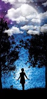 Silhouette of a girl under a moonlit, starry night sky with trees.