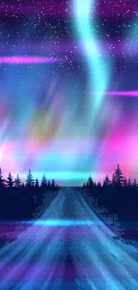 A stunning night sky with Aurora Borealis over a snowy path and forest silhouette.