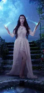 Ethereal woman in a mystical night garden with starry sky backdrop.