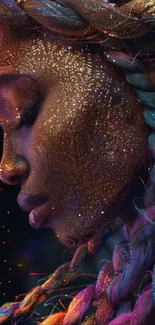 Mystical portrait with iridescent braids and starry effects.