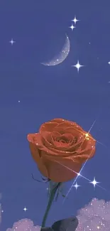 Glowing rose under starry night sky with crescent moon, dreamy wallpaper aesthetic.