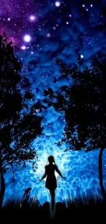 Silhouette under a vibrant, starry night sky with deep blue and purple hues.