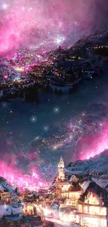 Magical village under a vibrant, starry pink night sky.