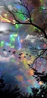 Vibrant night sky with silhouetted birds and colorful clouds.