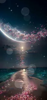 Enchanting crescent moon over ocean at night with floral accents.