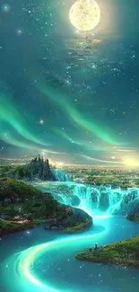 Mystical night landscape with auroras and a moonlit waterfall.