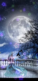 Mystical fairy in a starry night with full moon on a terrace scene.