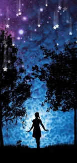 Silhouette of a girl under a starry blue and purple night sky with trees.