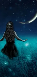 Girl levitating under a starry night sky with crescent moon.