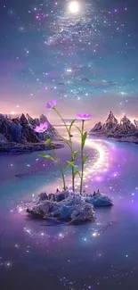 Enchanting night sky with stars, moon, and island flowers.