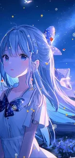 Anime girl under a starry night sky with glowing blue butterflies.