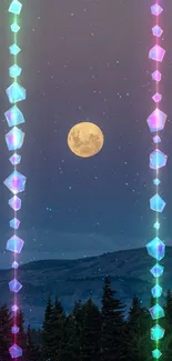 Mobile wallpaper featuring a full moon with colorful geometric patterns.