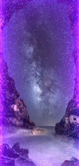 Enchanting purple night sky through a mystical cave.