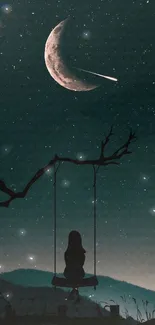 Silhouette on swing under crescent moon with shooting star, night sky backdrop.