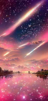 Magical night sky with pink clouds and shooting stars over reflective water.