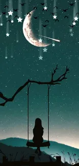 Silhouette on swing under crescent moon and starry sky.