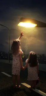 Two girls under streetlamp on a quiet night road.