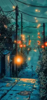 Serene street scene at night with glowing lights.