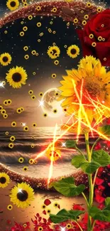 Beautiful sunflower and moonlit beach wallpaper with vibrant ocean view.