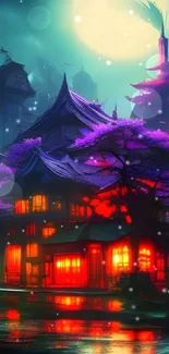 Mystical village under a luminous moon with vibrant red and purple lights.