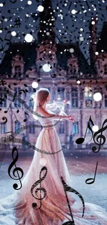 Woman plays violin amidst musical notes on a snowy nightscape.