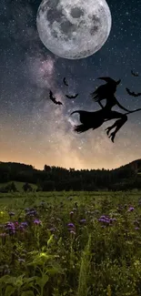 Silhouette of a witch flying under the moonlit starry sky over a field.