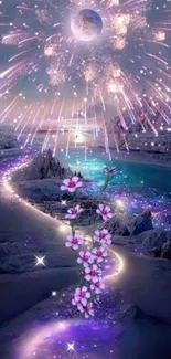 Enchanted landscape with fireworks, river, and blossoms.