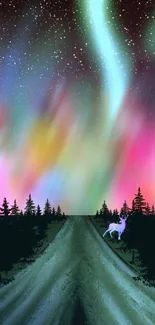 Mesmerizing mobile wallpaper of Northern Lights with a mystical deer.