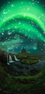 Vibrant green Northern Lights over scenic landscape with stars shining brightly.